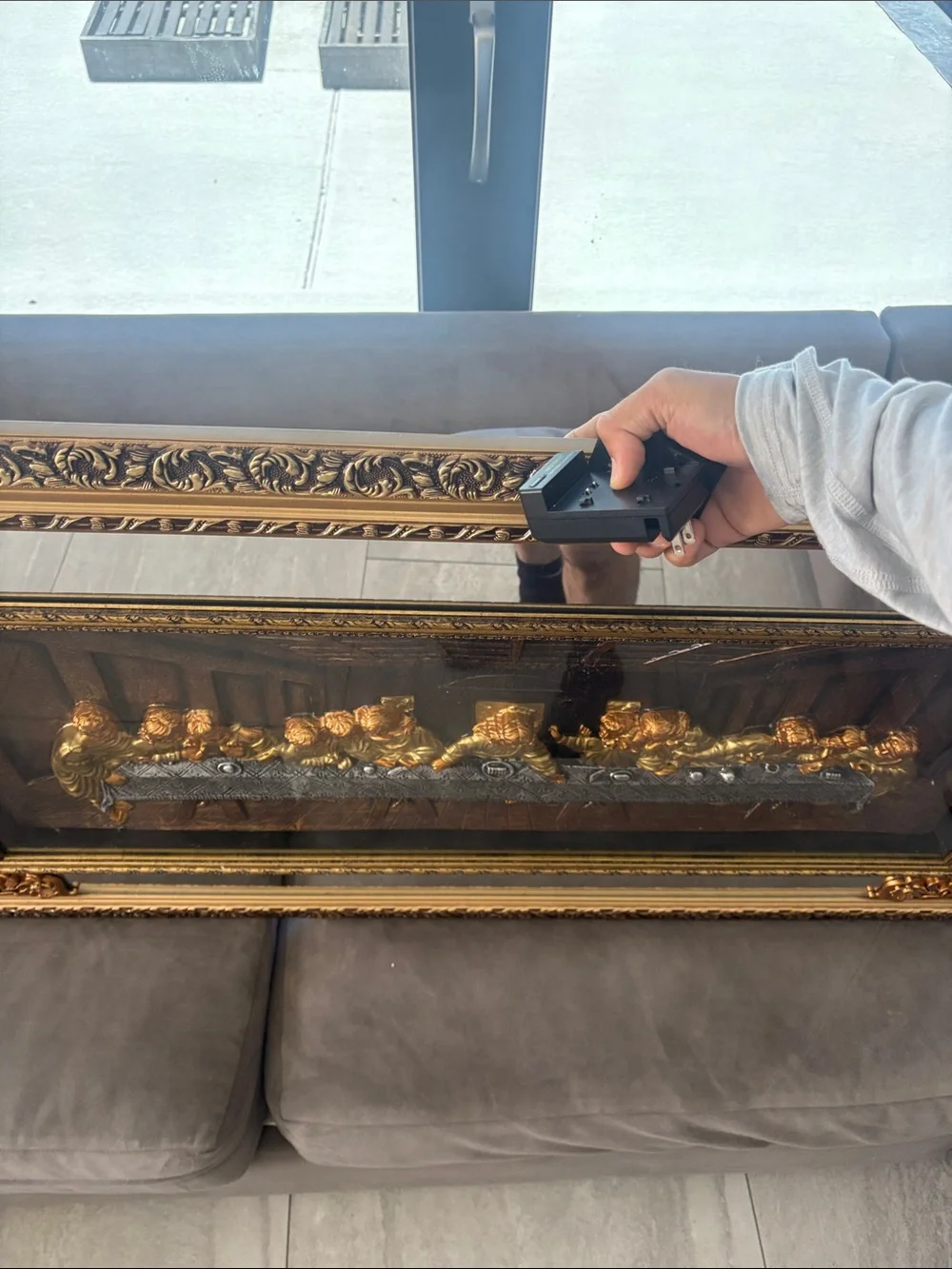 Ornate Gold Framed Wall Mirror with Decorative Religious Scene (Gold, Black)